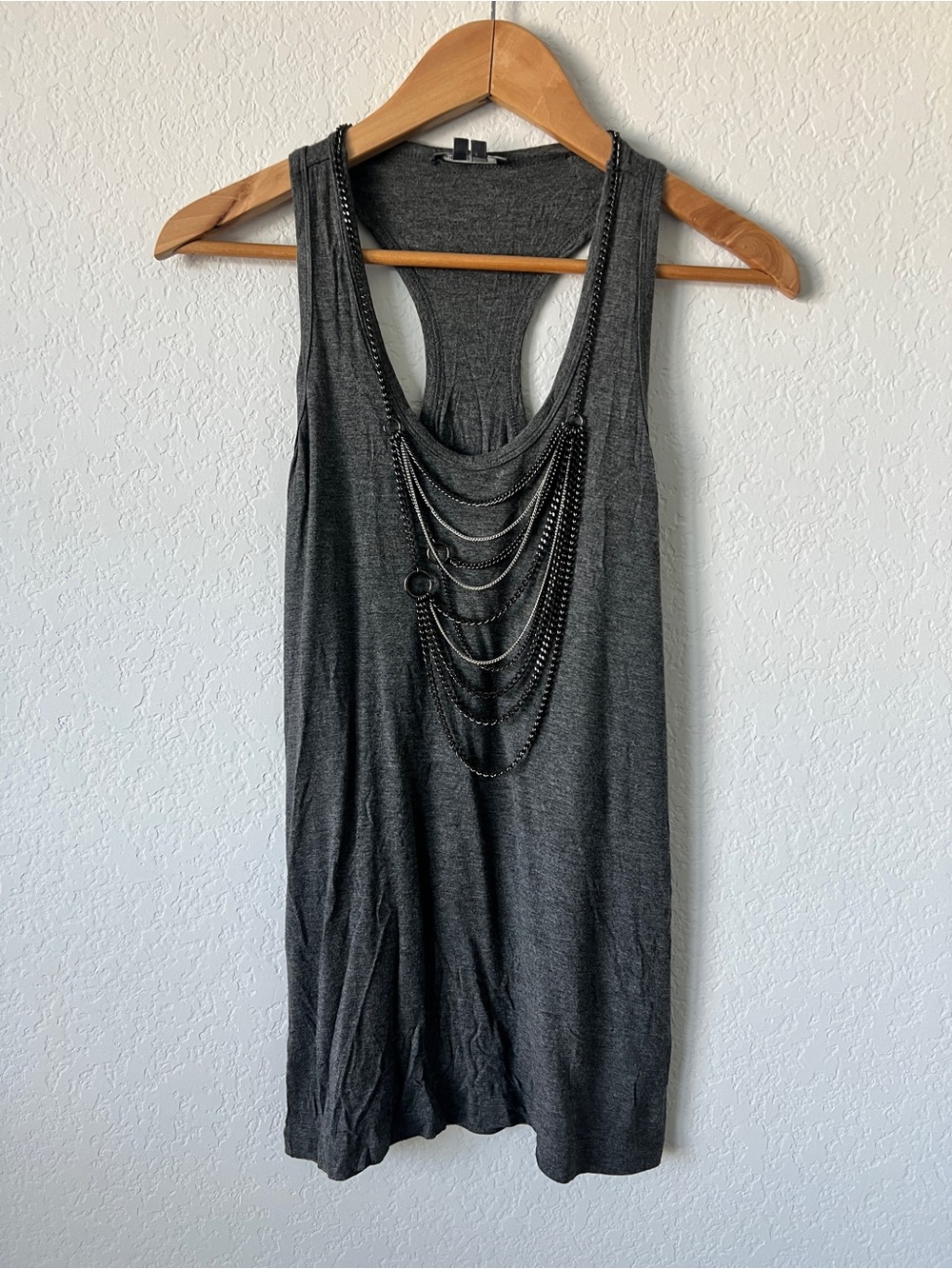 Vince Charcoal Gray Knit Racerback Tank Top with Metal Chain Detail